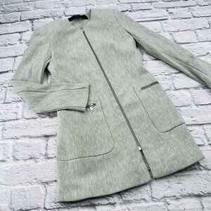 Zara Basic Longline Blazer Jacket Mid Length XS Grey Herringbone Zip Up Career